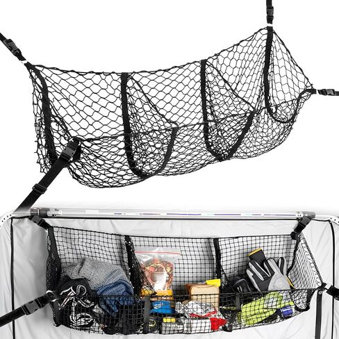 Heavy Duty Ice Fishing Tent Cargo Net - Expandable Nylon Storage Organizer with 3 Pockets & Adjustable D-Rings - Black Gear Hammock for Shelter Organization in Saudi Arabia