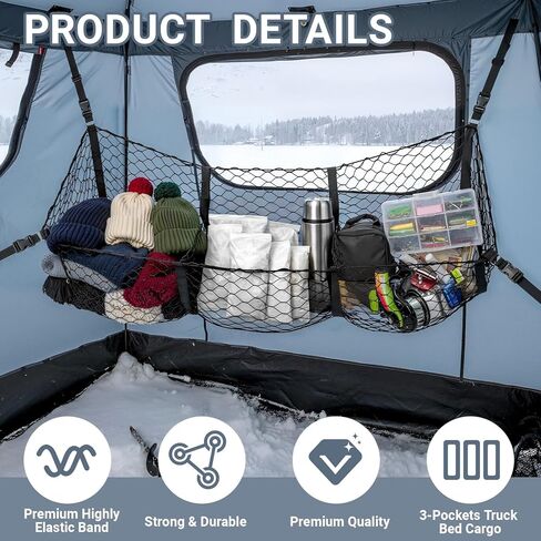 Heavy Duty Ice Fishing Tent Cargo Net - Expandable Nylon Storage Organizer with 3 Pockets & Adjustable D-Rings - Black Gear Hammock for Shelter Organization in Saudi Arabia