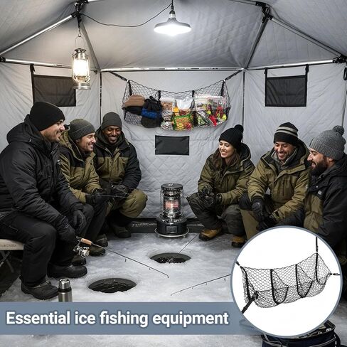 Heavy Duty Ice Fishing Tent Cargo Net - Expandable Nylon Storage Organizer with 3 Pockets & Adjustable D-Rings - Black Gear Hammock for Shelter Organization in Saudi Arabia