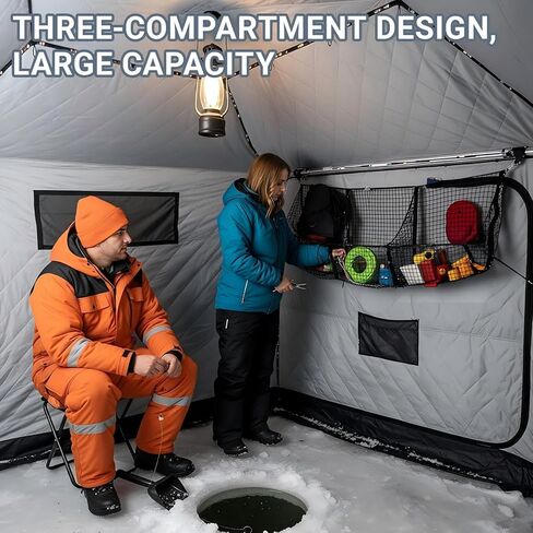 Heavy Duty Ice Fishing Tent Cargo Net - Expandable Nylon Storage Organizer with 3 Pockets & Adjustable D-Rings - Black Gear Hammock for Shelter Organization in Saudi Arabia