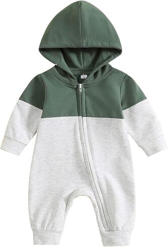 allshope Newborn Baby Boy Fall Outfit Romper Long Sleeve Hooded Contrast Color Zipper Jumpsuit Bodysuit Infant Clothes in Saudi Arabia