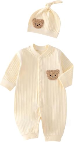 Baby Boys Girls Clothes with Hat, 100% Cotton Long Sleeve Ribbed Knit Button Infant Baby Romper Outfit in Saudi Arabia