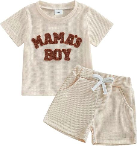 Toddler Baby Boy Summer Outfit Mama's Boy Baby Clothes Waffle Knit Short Sleeve T Shirt Top+Shorts Infant 2 Piece Set in Saudi Arabia