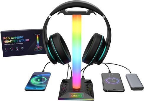 حامل سماعة رأس للألعاب مع محور شحن للمكتب - 3 منافذ (منفذ شحن USB/Tpye-C)، حامل سماعة رأس RGB PC Gamer مع 10 أوضاع ألوان، تحكم باللمس، منظم سماعات المكتب وإدارة الكابلات in Saudi Arabia