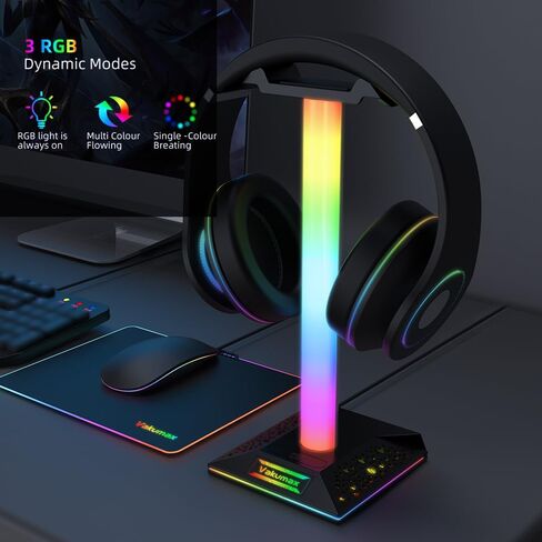 حامل سماعة رأس للألعاب مع محور شحن للمكتب - 3 منافذ (منفذ شحن USB/Tpye-C)، حامل سماعة رأس RGB PC Gamer مع 10 أوضاع ألوان، تحكم باللمس، منظم سماعات المكتب وإدارة الكابلات in Saudi Arabia