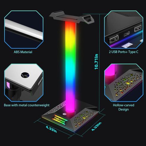 حامل سماعة رأس للألعاب مع محور شحن للمكتب - 3 منافذ (منفذ شحن USB/Tpye-C)، حامل سماعة رأس RGB PC Gamer مع 10 أوضاع ألوان، تحكم باللمس، منظم سماعات المكتب وإدارة الكابلات in Saudi Arabia