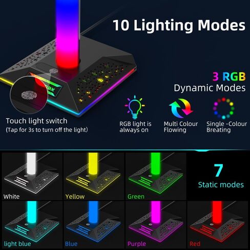 حامل سماعة رأس للألعاب مع محور شحن للمكتب - 3 منافذ (منفذ شحن USB/Tpye-C)، حامل سماعة رأس RGB PC Gamer مع 10 أوضاع ألوان، تحكم باللمس، منظم سماعات المكتب وإدارة الكابلات in Saudi Arabia