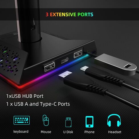 حامل سماعة رأس للألعاب مع محور شحن للمكتب - 3 منافذ (منفذ شحن USB/Tpye-C)، حامل سماعة رأس RGB PC Gamer مع 10 أوضاع ألوان، تحكم باللمس، منظم سماعات المكتب وإدارة الكابلات in Saudi Arabia