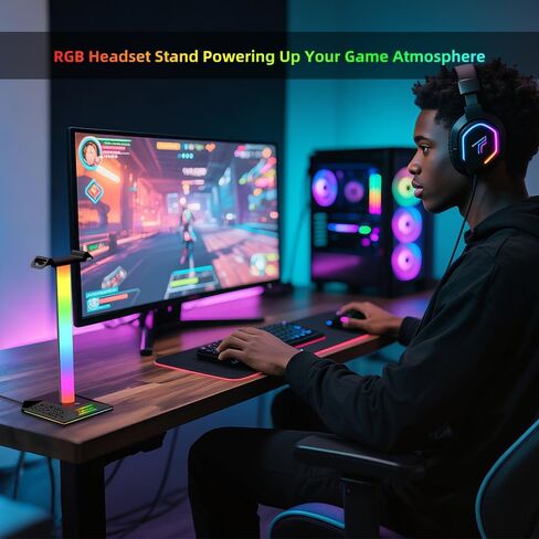 حامل سماعة رأس للألعاب مع محور شحن للمكتب - 3 منافذ (منفذ شحن USB/Tpye-C)، حامل سماعة رأس RGB PC Gamer مع 10 أوضاع ألوان، تحكم باللمس، منظم سماعات المكتب وإدارة الكابلات in Saudi Arabia
