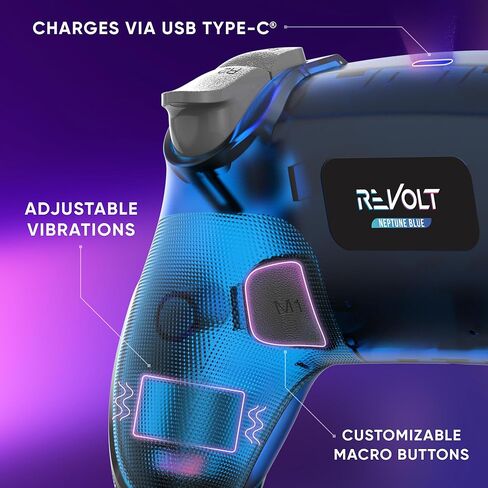 وحدة تحكم لاسلكية Oniverse لجهاز PS4 PS3 PC ANDROID iOS، مخرج سماعة الرأس، عصا التحكم بتأثير القاعة، بطارية قابلة لإعادة الشحن 1000 مللي أمبير في الساعة، أزرار ماكرو، Revolt Neptune Blue in Saudi Arabia