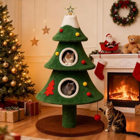LUCKLIFE 48" Christmas Cat Tree with 2 Cozy Houses,Indoor Modern Cats Tower with Anti-Tip Kit,Plush Perches & Hanging Balls,Holiday Cat Climbing Furniture for Kittens to Play and Sleep in Saudi Arabia