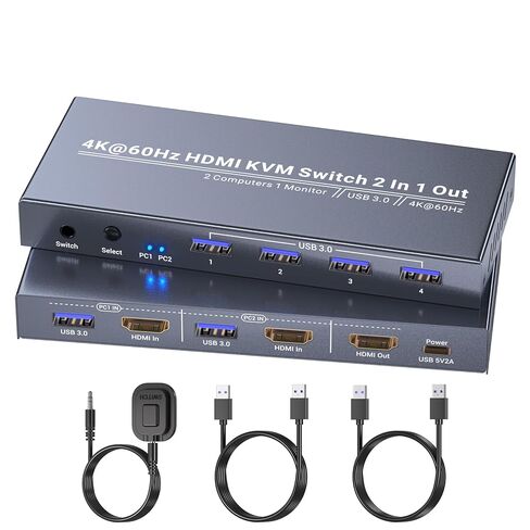2 منفذ HDMI KVM Switch، 1 شاشة 2 جهاز كمبيوتر، التحكم في 2 جهاز كمبيوتر مع مجموعة واحدة من ماوس لوحة المفاتيح وشاشة واحدة، دعم 4K60 هرتز وUSB 3.0 in Kuwait
