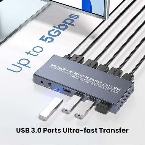 2 منفذ HDMI KVM Switch، 1 شاشة 2 جهاز كمبيوتر، التحكم في 2 جهاز كمبيوتر مع مجموعة واحدة من ماوس لوحة المفاتيح وشاشة واحدة، دعم 4K60 هرتز وUSB 3.0 in Kuwait