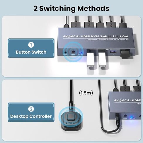 2 منفذ HDMI KVM Switch، 1 شاشة 2 جهاز كمبيوتر، التحكم في 2 جهاز كمبيوتر مع مجموعة واحدة من ماوس لوحة المفاتيح وشاشة واحدة، دعم 4K60 هرتز وUSB 3.0 in Kuwait