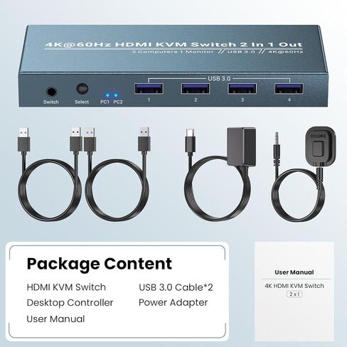 2 منفذ HDMI KVM Switch، 1 شاشة 2 جهاز كمبيوتر، التحكم في 2 جهاز كمبيوتر مع مجموعة واحدة من ماوس لوحة المفاتيح وشاشة واحدة، دعم 4K60 هرتز وUSB 3.0 in Kuwait
