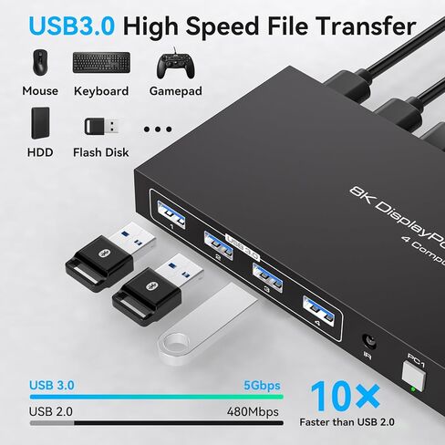 محول 8K Displayport KVM، 4 أجهزة كمبيوتر، شاشة واحدة 4K144 هرتز، 4 منافذ KVM مشاركة، شاشة واحدة و4 أجهزة USB 3.0 مع وحدة تحكم تدعم وضع النسخ الممتد/النسخ in Kuwait