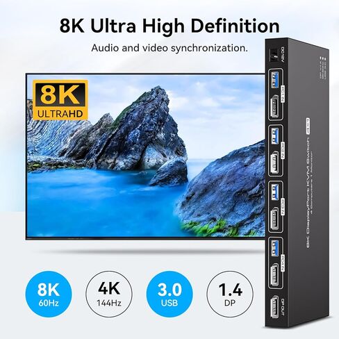 محول 8K Displayport KVM، 4 أجهزة كمبيوتر، شاشة واحدة 4K144 هرتز، 4 منافذ KVM مشاركة، شاشة واحدة و4 أجهزة USB 3.0 مع وحدة تحكم تدعم وضع النسخ الممتد/النسخ in Kuwait