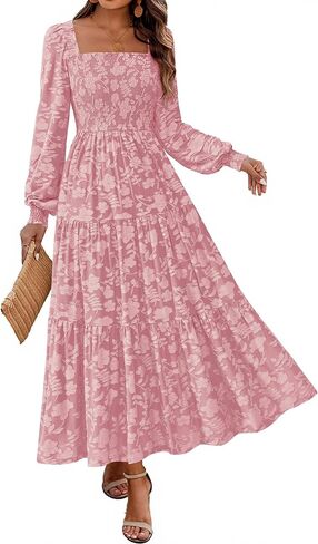 KIRUNDO Wedding Guest Dresses for Women Long Sleeve Smocked Floral Flowy A Line Boho Maxi Dress Fall Clothes in Saudi Arabia
