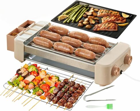 Electric Hot Dog Roller 6 Rollers,3 in 1 Indoor Grills Portable with Non-stick & Smokeless Removable Grill & BBQ Griddle Plate,Stainless Sausage Grill Cooker Machine, for Family party Use in Saudi Arabia