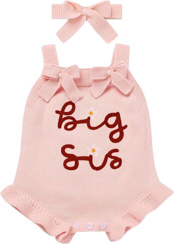 IDOPIP Baby Girls Embroidered Romper First Birthday Outfit Little Big Sister Knit Sweater Romper Cake Smash Photo Shoot Dress in Saudi Arabia