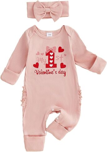 allshope Infant Baby Girl Valentines Outfit Jumpsuit My First Valentine's Day Romper Bodysuit Newborn Fall Clothes in Saudi Arabia