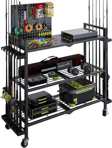 Fishing Rod Holders for Garage, Fishing Rod Stand with Wheels and Pegboard, 3-Tier Pole Storage Rack with 8 Hooks and 12 Rod Slots, Ideal for Tackle, Backpacks, and Gear in Saudi Arabia