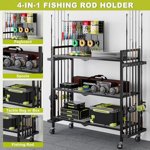 Fishing Rod Holders for Garage, Fishing Rod Stand with Wheels and Pegboard, 3-Tier Pole Storage Rack with 8 Hooks and 12 Rod Slots, Ideal for Tackle, Backpacks, and Gear in Saudi Arabia