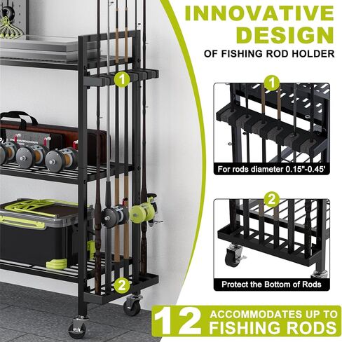 Fishing Rod Holders for Garage, Fishing Rod Stand with Wheels and Pegboard, 3-Tier Pole Storage Rack with 8 Hooks and 12 Rod Slots, Ideal for Tackle, Backpacks, and Gear in Saudi Arabia