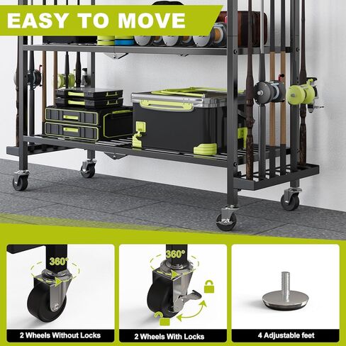 Fishing Rod Holders for Garage, Fishing Rod Stand with Wheels and Pegboard, 3-Tier Pole Storage Rack with 8 Hooks and 12 Rod Slots, Ideal for Tackle, Backpacks, and Gear in Saudi Arabia