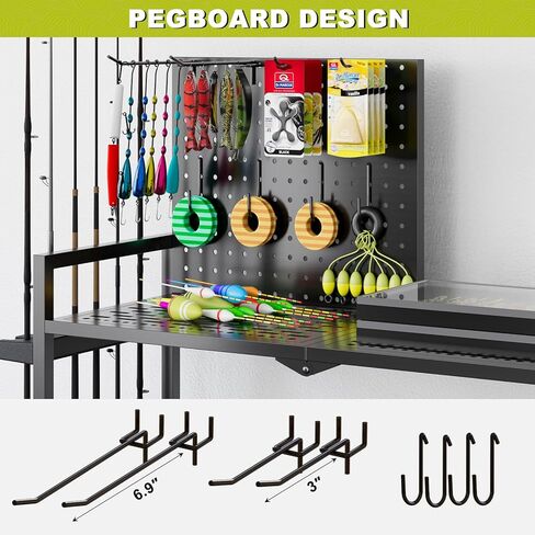 Fishing Rod Holders for Garage, Fishing Rod Stand with Wheels and Pegboard, 3-Tier Pole Storage Rack with 8 Hooks and 12 Rod Slots, Ideal for Tackle, Backpacks, and Gear in Saudi Arabia