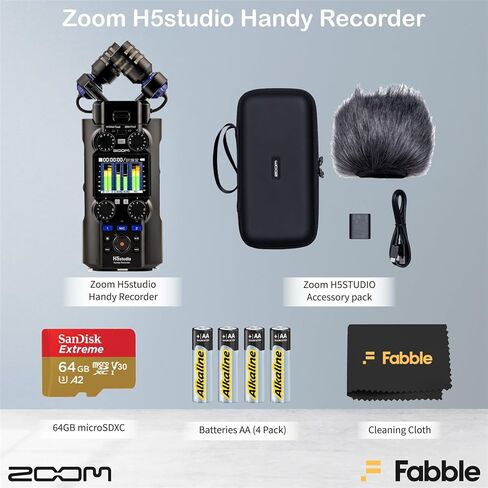 Zoom H5studio Handy Recorder Bundle with Official Accessory Pack, 32-Bit Float Recording, Detachable XY Microphone, 64GB microSDHC Card, Batteries, and Cleaning Cloth in Saudi Arabia
