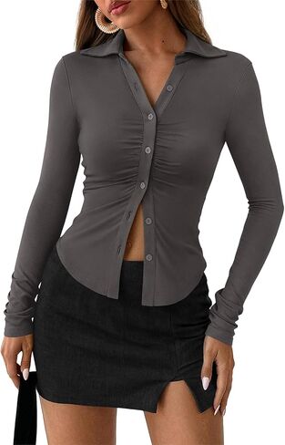 Prettygarden Womens زر أسفل القمصان v الرقبة collared ruched slim fit قميص طويل الأكمام in Saudi Arabia