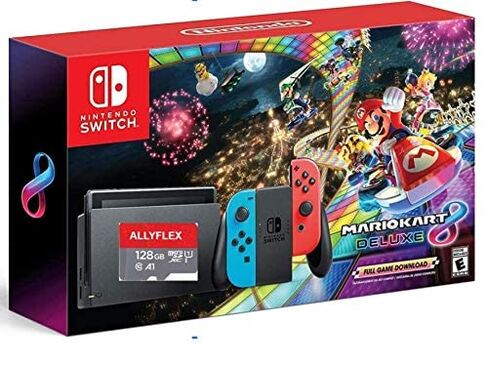 أحدث نينتندو سويتش مع Joy-Con باللون الأزرق النيون والأحمر النيون + لعبة ماريو كارت 8 الفاخرة، شاشة LCD تعمل باللمس 6.2 بوصة، 802.11AC WiFi، بلوتوث 4.1 - أحمر وأزرق + AllyFlex 128GB Micro SD (متجدد) in Kuwait
