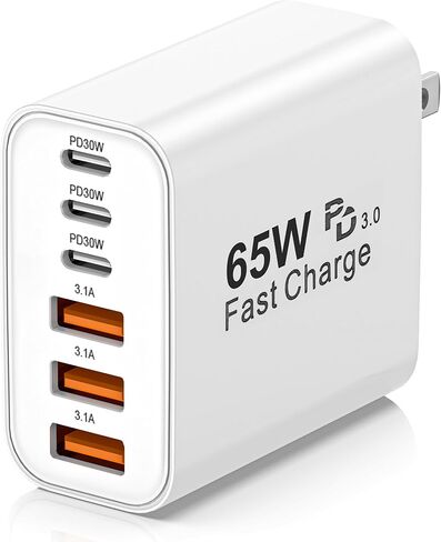 كتلة شاحن USB C، كتلة شحن USBC بقدرة 65 وات، شاحن حائط iPhone شحن سريع، قابس طاقة متعدد المنافذ من النوع C PD+QC لجميع هواتف iPhone 17 16 15 iPad Samsung S23 S24 iWatch Pixel Series (أبيض) in Kuwait