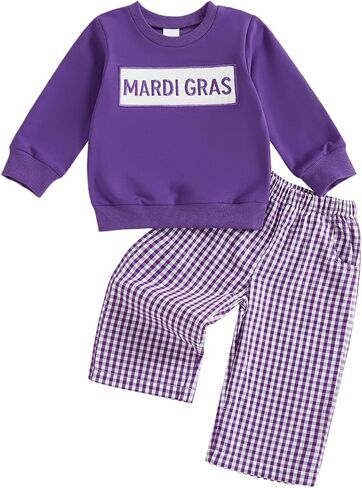 Toddler Baby Boy Mardi Gras Outfit Carnival Long Sleeve Sweatshirt Plaid Pants Set Spring Clothes in Saudi Arabia