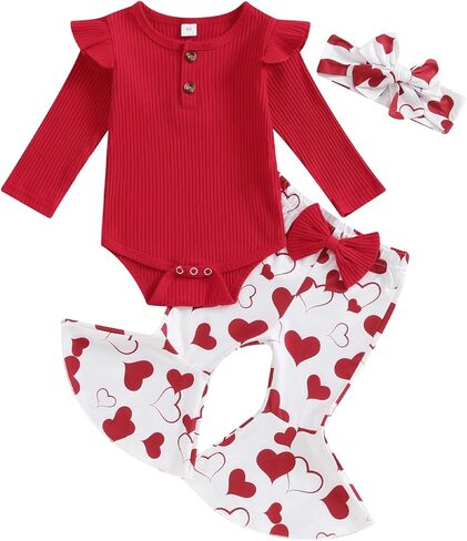 Valentines Day Baby Girl Outfit Infant Long Sleeve Romper Heart Flare Pants With Headband Toddler Clothes Sets in Saudi Arabia