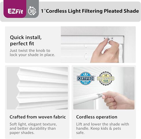 DEZ FURNISHINGS EZ Fit No Tools No Drill Cordless 1 بوصة ظل مطوي مرشح للضوء، 26.25 بوصة عرض × 48 بوصة ارتفاع، أبيض in Kuwait