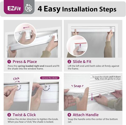 DEZ FURNISHINGS EZ Fit No Tools No Drill Cordless 1 بوصة ظل مطوي مرشح للضوء، 26.25 بوصة عرض × 48 بوصة ارتفاع، أبيض in Kuwait