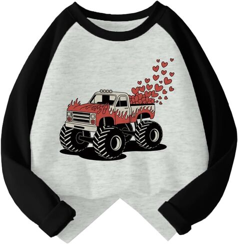 Kids Valentines Day Shirt Girls Boys Valentine's Heart Monster Truck Toddler Raglan Tees Graphic Long Sleeve 2-7T in Kuwait