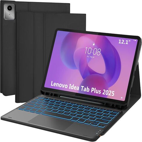 Touchpad Keyboard Case for 2025 Lenovo Idea Tab Plus 12.1 Inch/Tab K12, Ultra-Thin Leather Stand Cover with 7-Color Backlit Wireless Keyboard for Idea Tab Plus/Tab K12 (TB361FU/TB361ZU), Black in Saudi Arabia