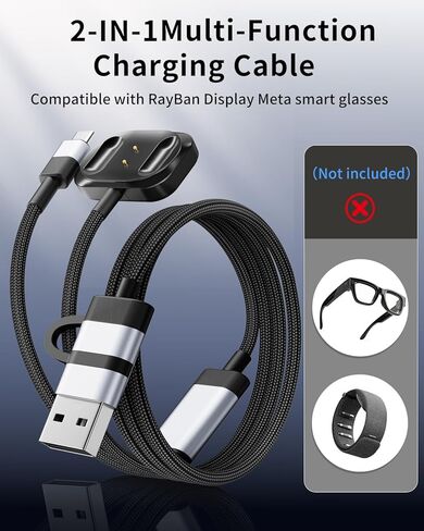 Magnetic Charger for Ray-Ban Meta Neural Band, 2-in-1 Magnetic Charging Cable, Compatible with Meta Ray-Ban Display Smart Glasses 2025, Fast Charging, Brass Alloy Pins, USB-C Safe Charger in Saudi Arabia