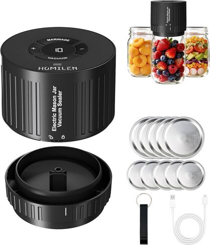 Electric Mason Jar Vacuum Sealer Kit - 2 Modes for Vacuum and Fast Marinade, 10 Sealing Lids - Preserve Freshness Efficiently, Ideal for Canning Jams, Pickles, Dry Foods, Grains Storage in Saudi Arabia