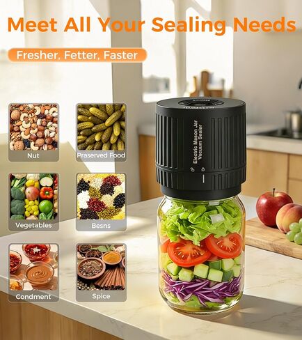 Electric Mason Jar Vacuum Sealer Kit - 2 Modes for Vacuum and Fast Marinade, 10 Sealing Lids - Preserve Freshness Efficiently, Ideal for Canning Jams, Pickles, Dry Foods, Grains Storage in Saudi Arabia