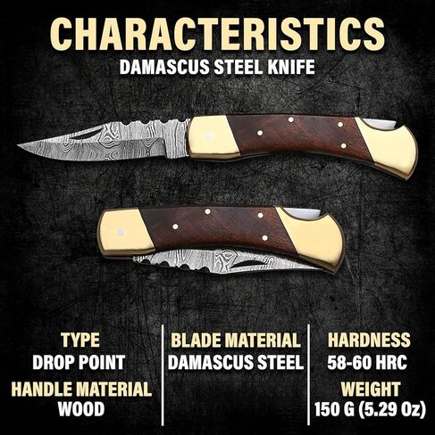 سكين جيب دمشقي مصنوع يدويًا من BK 110 Hunter مع غمد، سكاكين قابلة للطي مقاس 4-7/8 بوصة بمقبض خشبي، سكين EDC، سكين تخييم للأنشطة الخارجية (خشب الجوز) in Kuwait