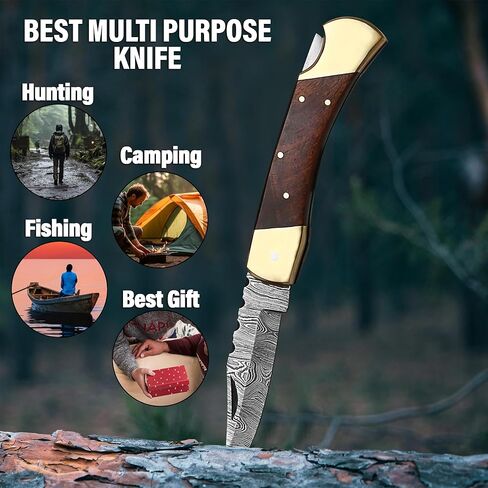 سكين جيب دمشقي مصنوع يدويًا من BK 110 Hunter مع غمد، سكاكين قابلة للطي مقاس 4-7/8 بوصة بمقبض خشبي، سكين EDC، سكين تخييم للأنشطة الخارجية (خشب الجوز) in Kuwait