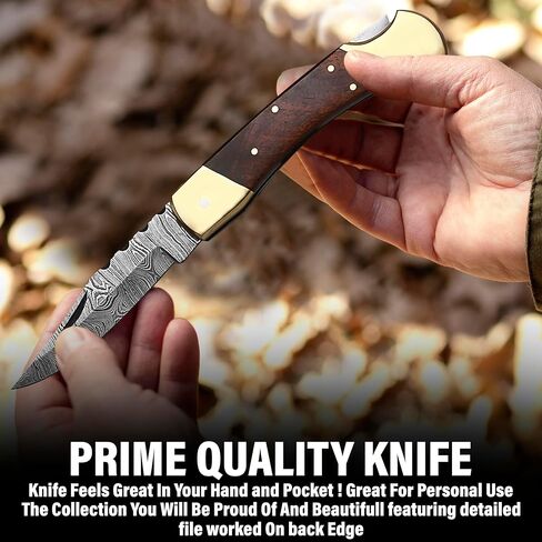 سكين جيب دمشقي مصنوع يدويًا من BK 110 Hunter مع غمد، سكاكين قابلة للطي مقاس 4-7/8 بوصة بمقبض خشبي، سكين EDC، سكين تخييم للأنشطة الخارجية (خشب الجوز) in Kuwait