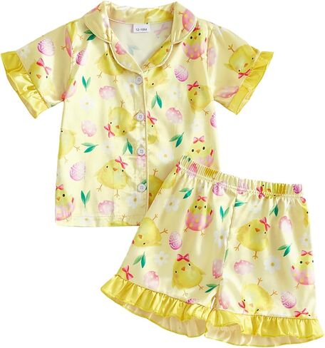 Kuriozud Kids Toddler Girl Easter Pajamas Short Sleeve Button Down Shirt Top and Shorts 2pcs Pjs Sets Sleepwear in Saudi Arabia
