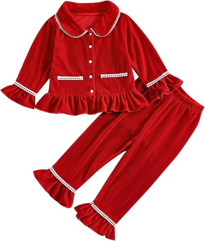 Kayotuas Toddler Girl Pajamas Velour Button Down Pajama Set Ruffle Shirt and Pants Little Kids Loungewear 2 Piece Sleepwear in Saudi Arabia