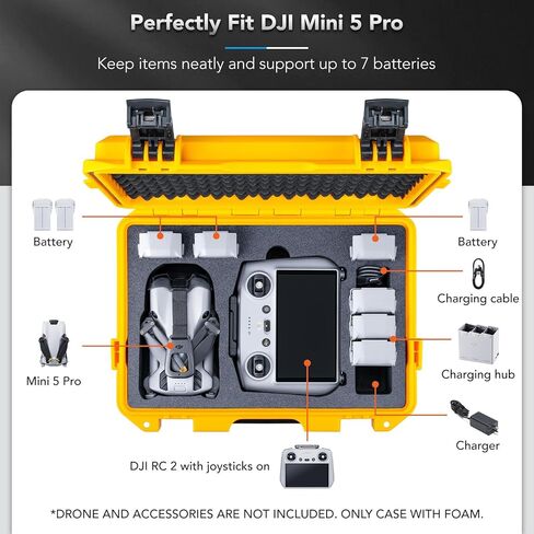 جراب صلب مقاوم للماء من Lykus Titan MM510 لهاتف DJI Mini 5 Pro وRC2/RC-N3، يدعم ما يصل إلى 7 بطاريات، أصفر [الجراب فقط] in Saudi Arabia