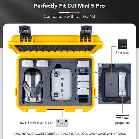 جراب صلب مقاوم للماء من Lykus Titan MM510 لهاتف DJI Mini 5 Pro وRC2/RC-N3، يدعم ما يصل إلى 7 بطاريات، أصفر [الجراب فقط] in Saudi Arabia
